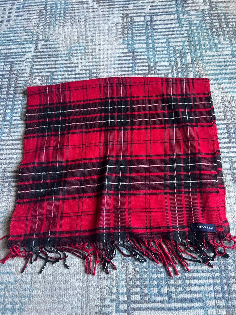 Lands’ End Red Tartan Plaid Fringe Scarf Preppy Heritage Classic